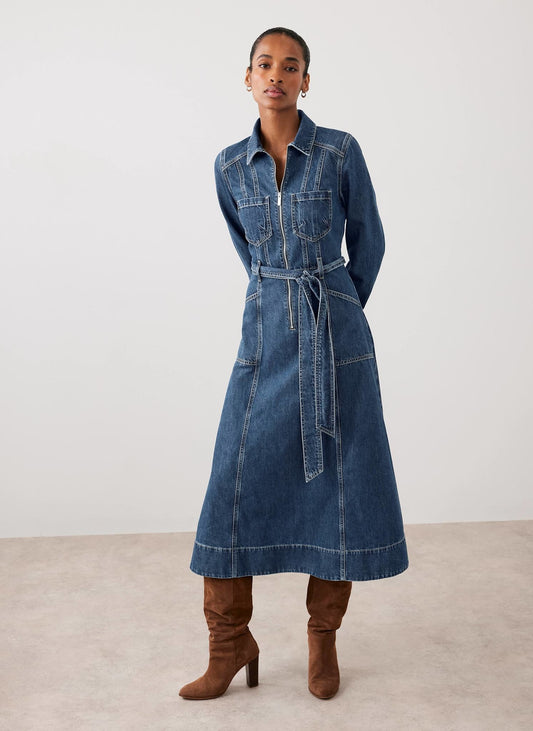 Indigo Denim Belted Midi Shirt Dress