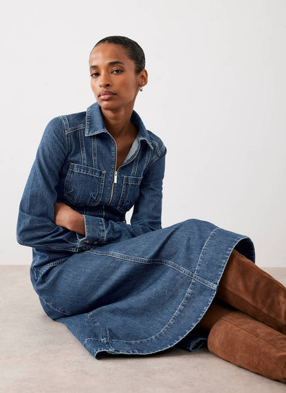 Indigo Denim Belted Midi Shirt Dress
