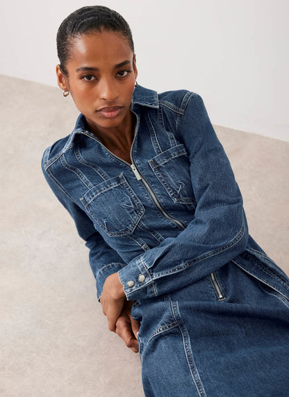Indigo Denim Belted Midi Shirt Dress