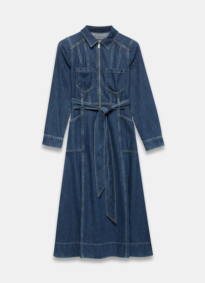 Indigo Denim Belted Midi Shirt Dress