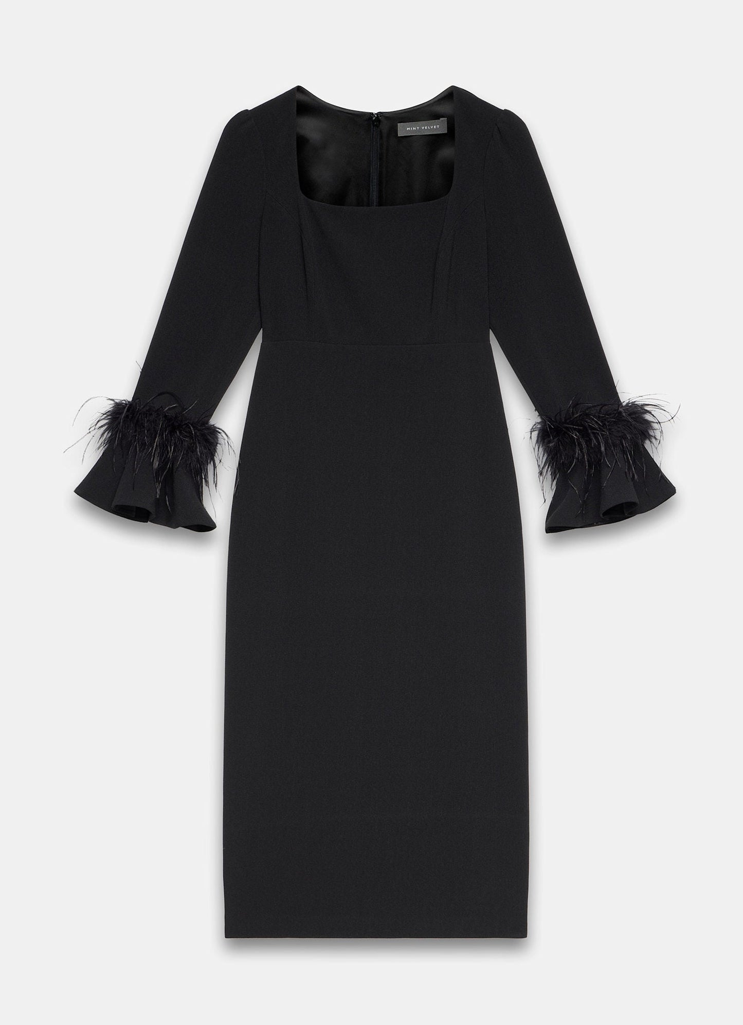 Black Feather Trim Midi Dress