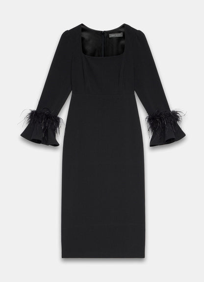 Black Feather Trim Midi Dress