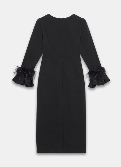 Black Feather Trim Midi Dress