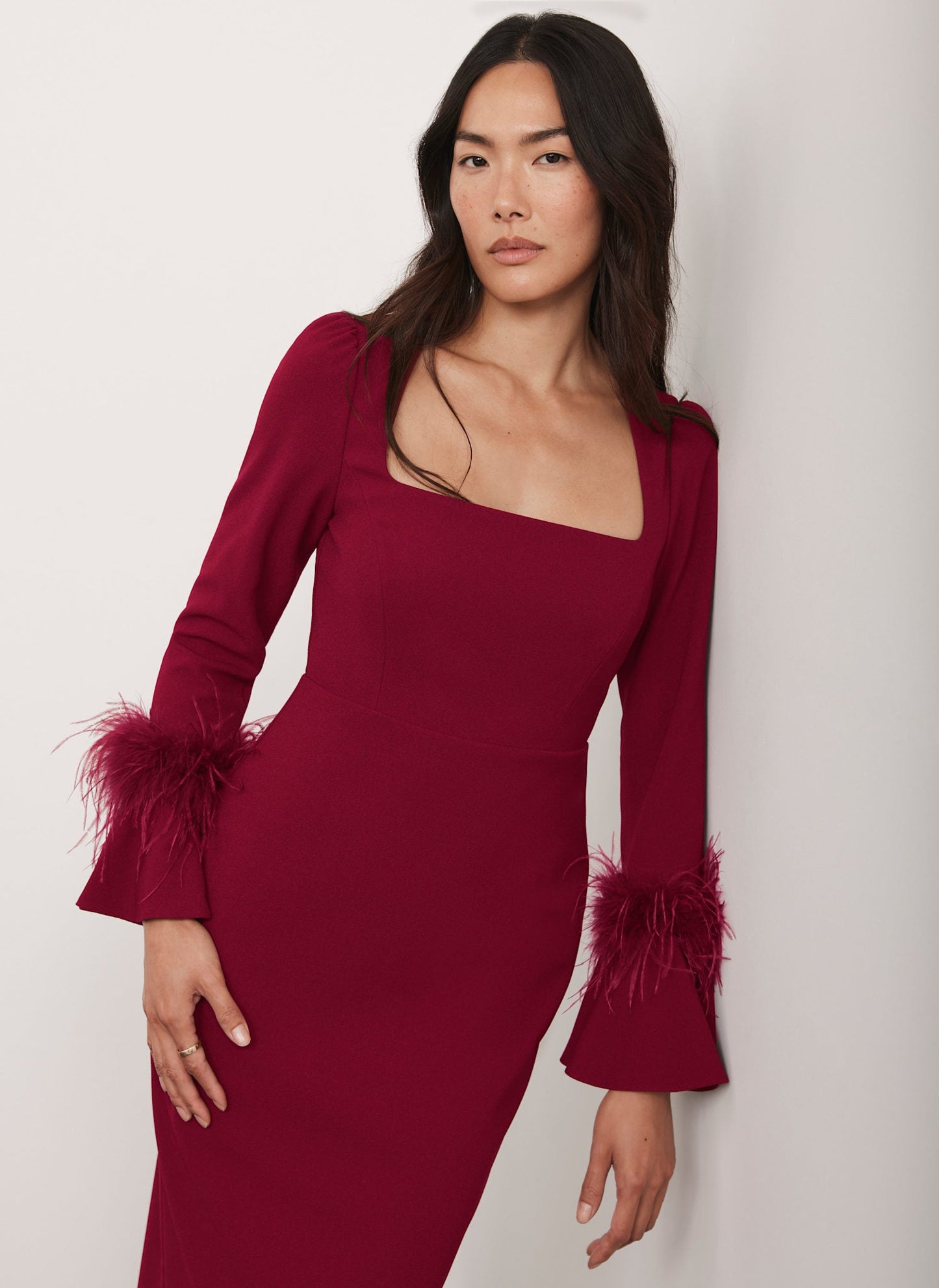 Red Feather Trim Midi Dress
