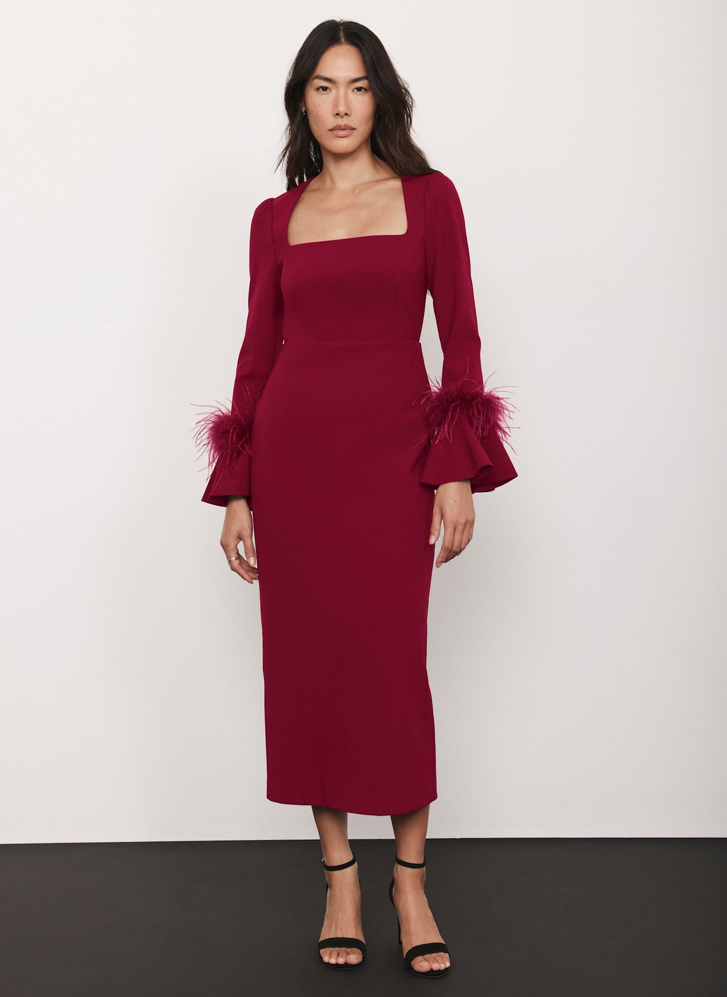 Red Feather Trim Midi Dress