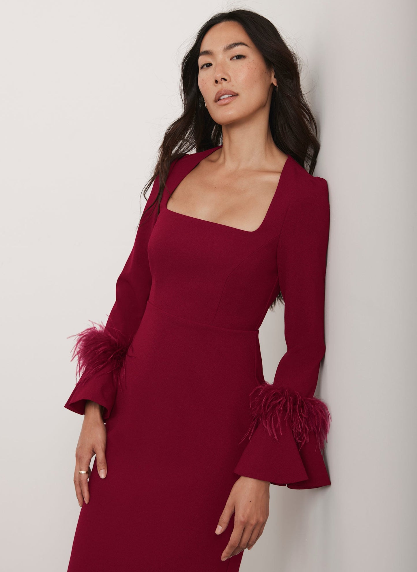 Red Feather Trim Midi Dress