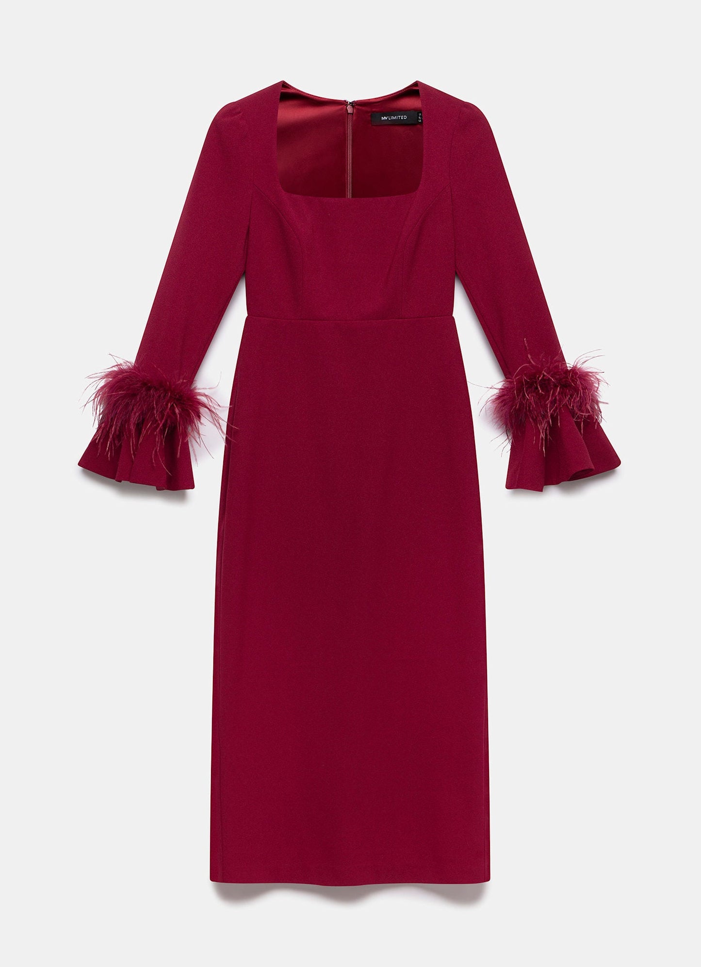 Red Feather Trim Midi Dress