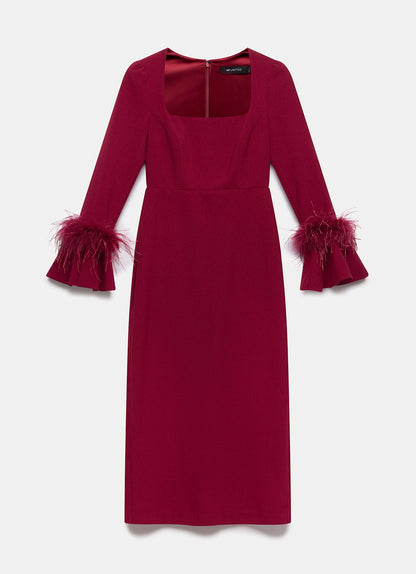 Red Feather Trim Midi Dress