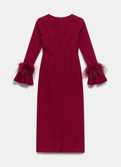 Red Feather Trim Midi Dress