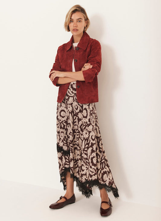 Burgundy Floral Print Lace Trim Skirt