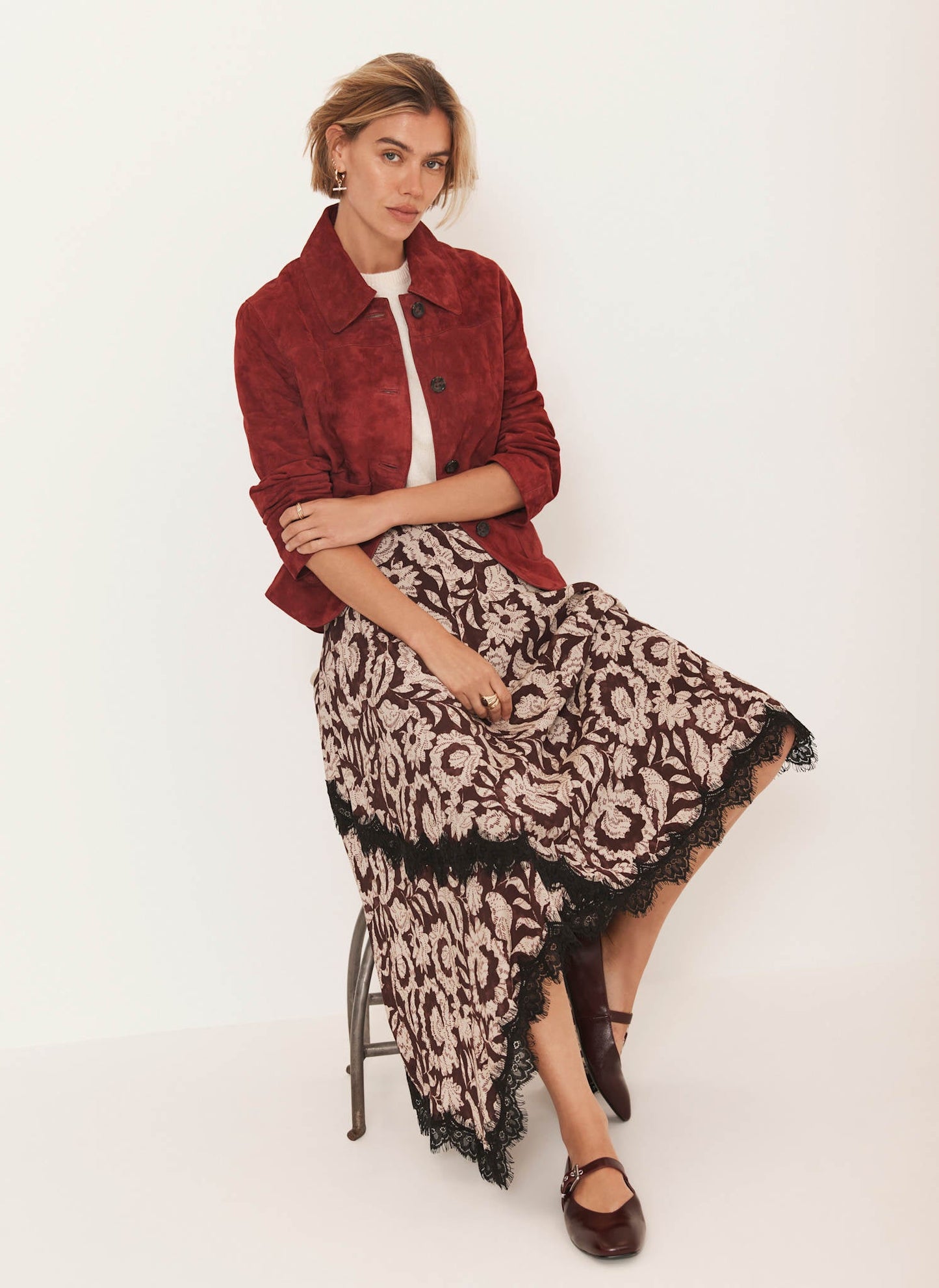 Burgundy Floral Print Lace Trim Skirt