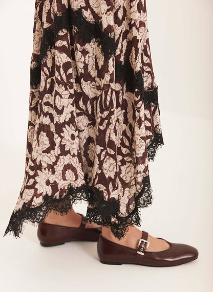 Burgundy Floral Print Lace Trim Skirt