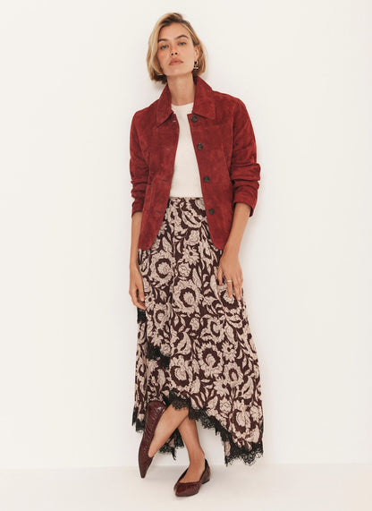 Burgundy Floral Print Lace Trim Skirt