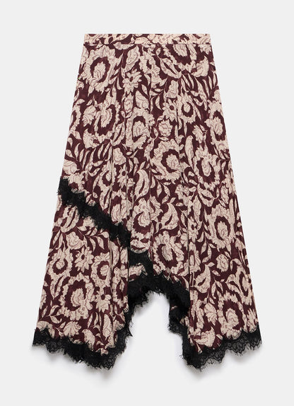 Burgundy Floral Print Lace Trim Skirt