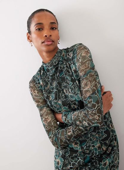 Green Floral Print Mesh Midi Dress