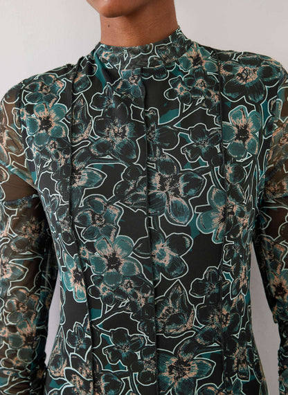 Green Floral Print Mesh Midi Dress