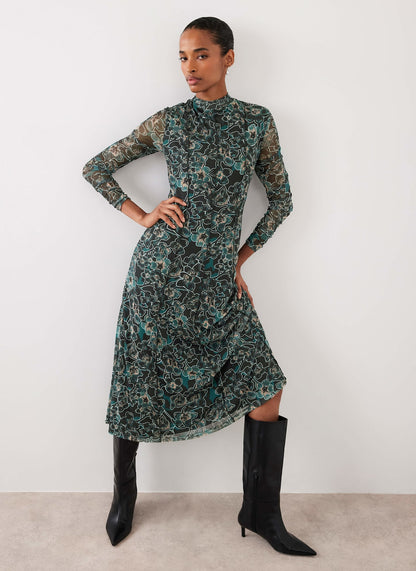 Green Floral Print Mesh Midi Dress