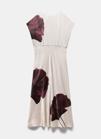 Burgundy Floral Print Satin Midi Dress