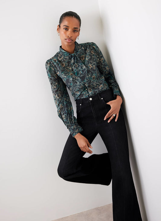 Green Floral Print Tie Neck Blouse