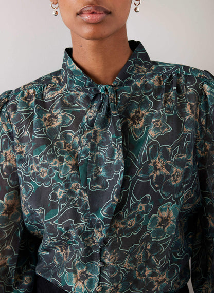 Green Floral Print Tie Neck Blouse