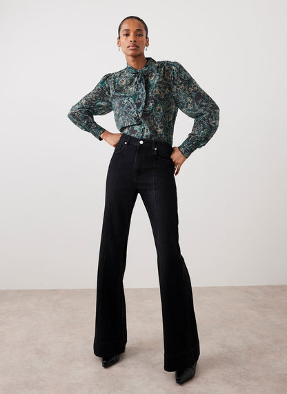 Green Floral Print Tie Neck Blouse