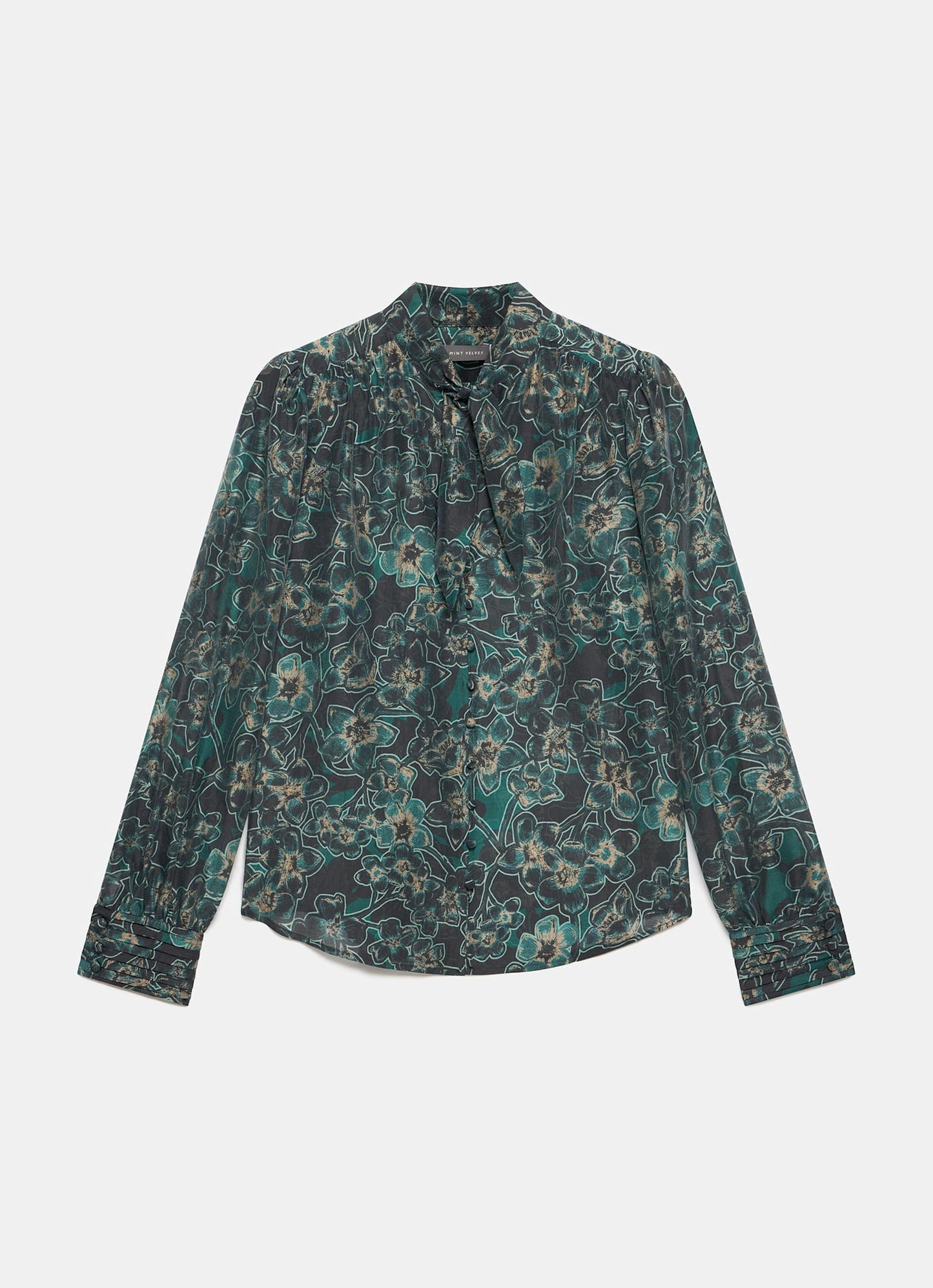 Green Floral Print Tie Neck Blouse