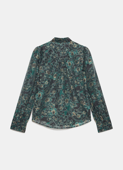 Green Floral Print Tie Neck Blouse