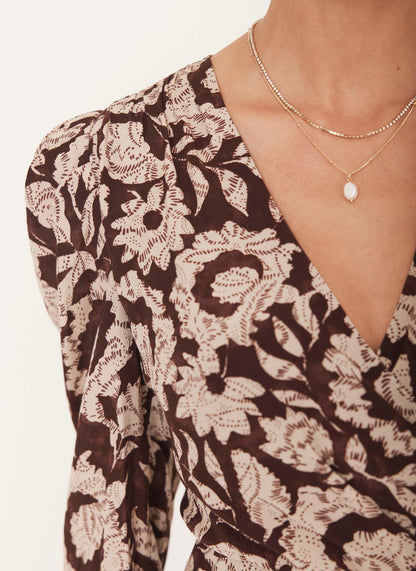 Burgundy Floral Print Wrap Dress