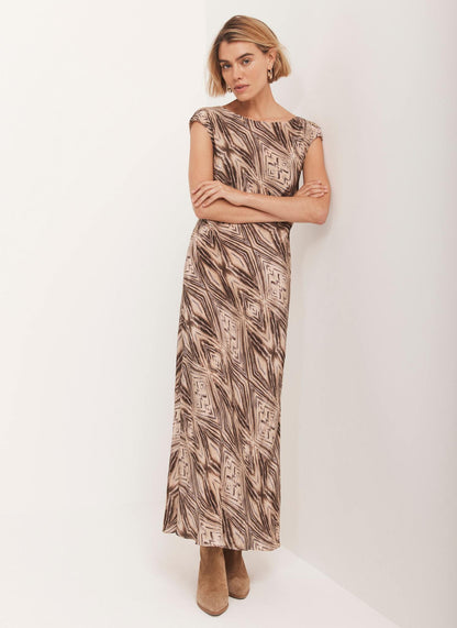 Brown Geometric Print Midi Dress
