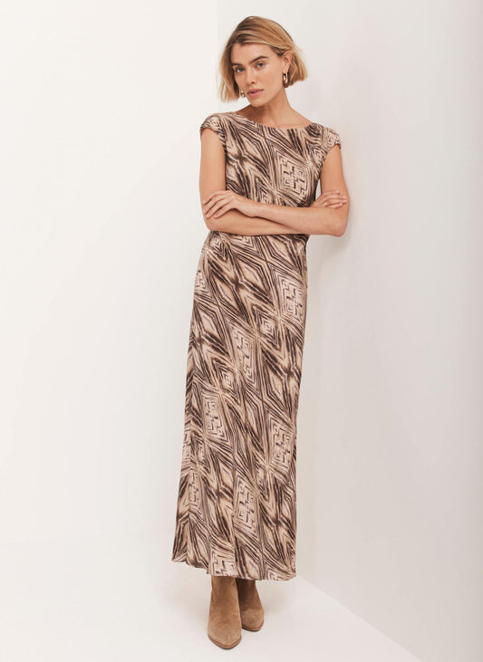 Brown Geometric Print Midi Dress