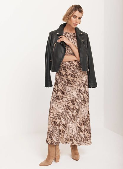 Brown Geometric Print Midi Dress