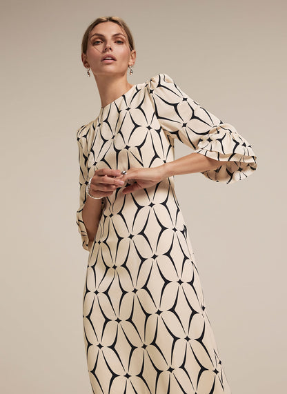 Cream Geometric Print Ruffle Midi Dress