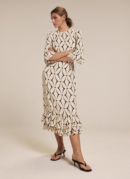 Cream Geometric Print Ruffle Midi Dress