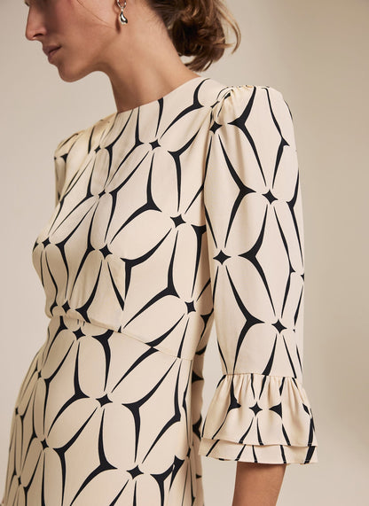 Cream Geometric Print Ruffle Midi Dress