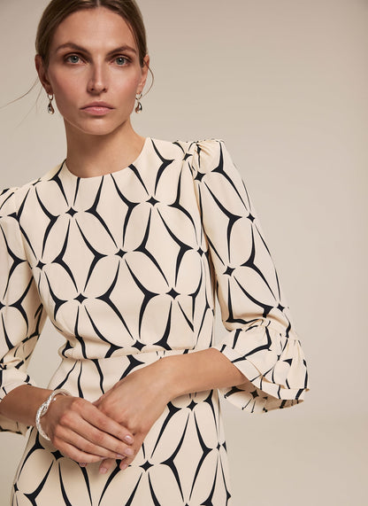 Cream Geometric Print Ruffle Midi Dress