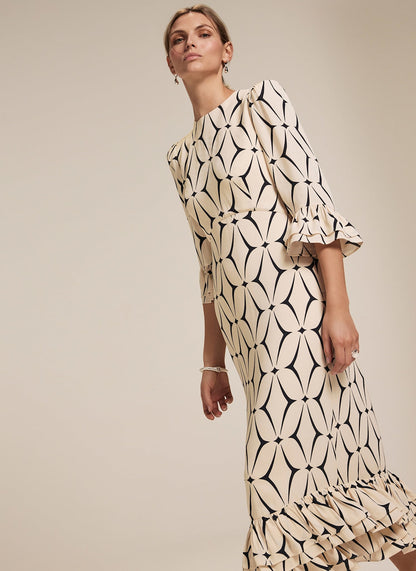 Cream Geometric Print Ruffle Midi Dress