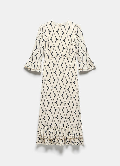 Cream Geometric Print Ruffle Midi Dress