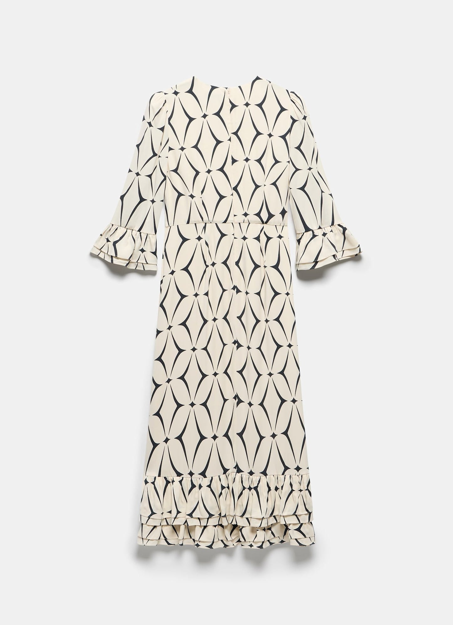 Cream Geometric Print Ruffle Midi Dress