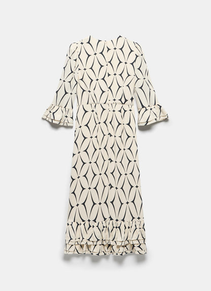 Cream Geometric Print Ruffle Midi Dress