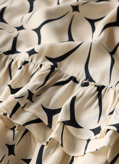 Cream Geometric Print Ruffle Midi Dress