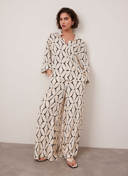 Cream Geometric Print Wide Leg Trousers
