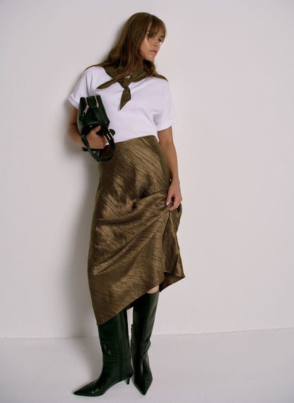 Gold Crinkle Midi Slip Skirt