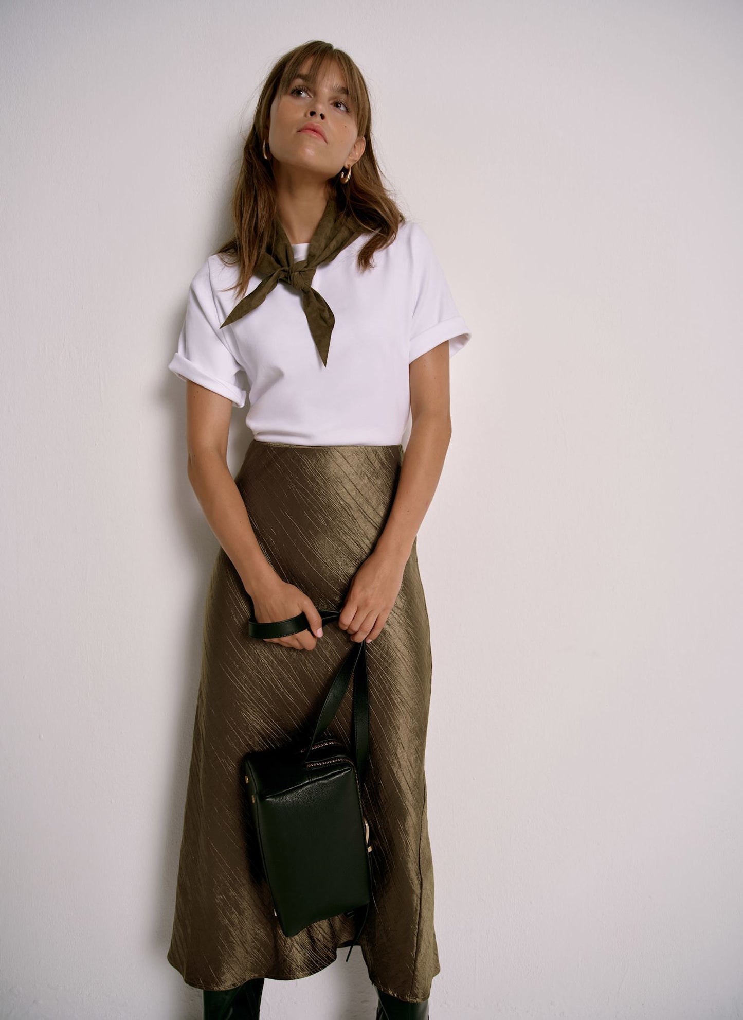 Gold Crinkle Midi Slip Skirt