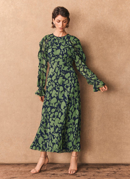 Green Floral Print Midi Dress