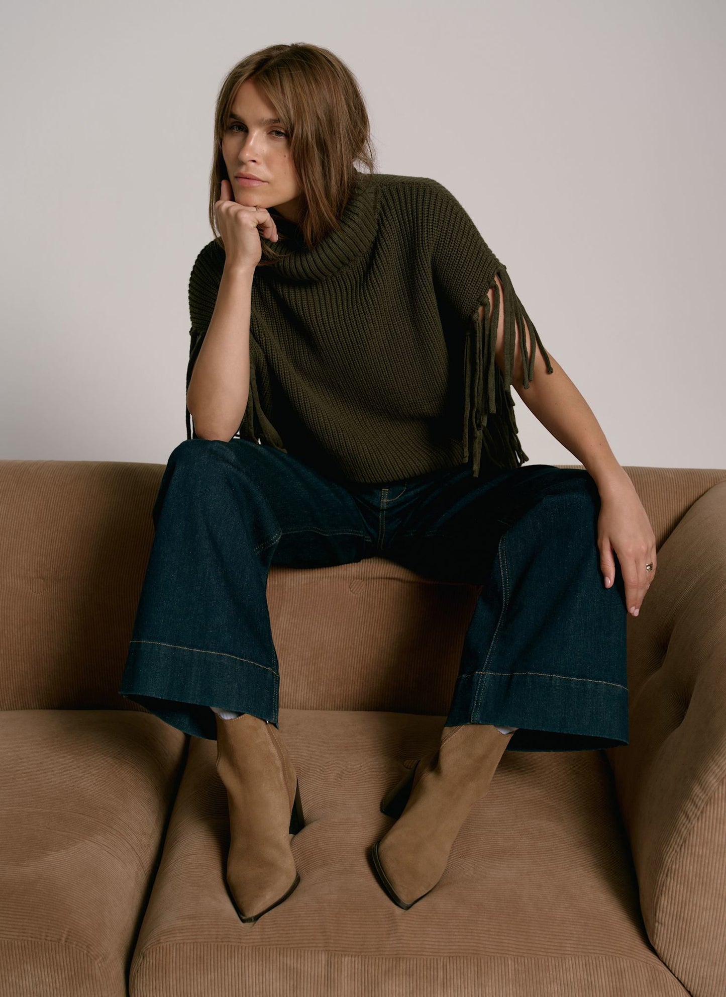 Green Fringed Knit Poncho