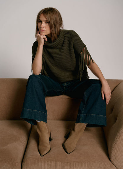 Green Fringed Knit Poncho