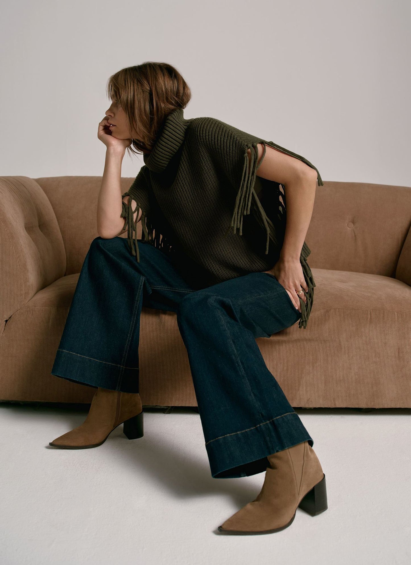 Green Fringed Knit Poncho