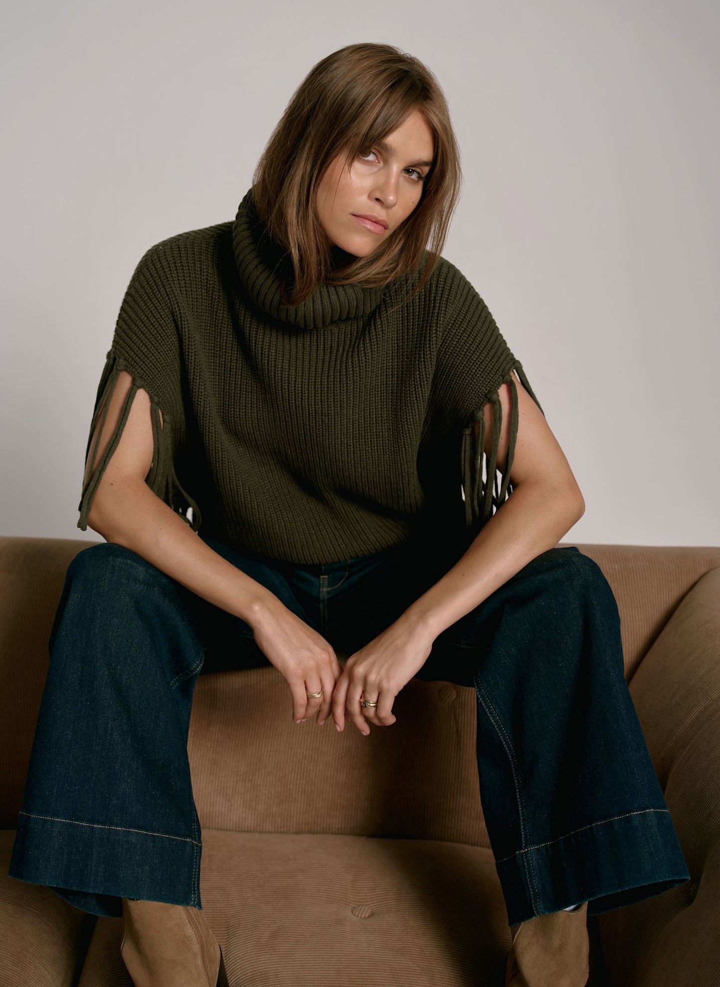 Green Fringed Knit Poncho