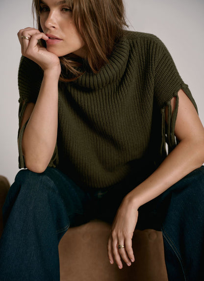 Green Fringed Knit Poncho