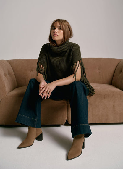 Green Fringed Knit Poncho